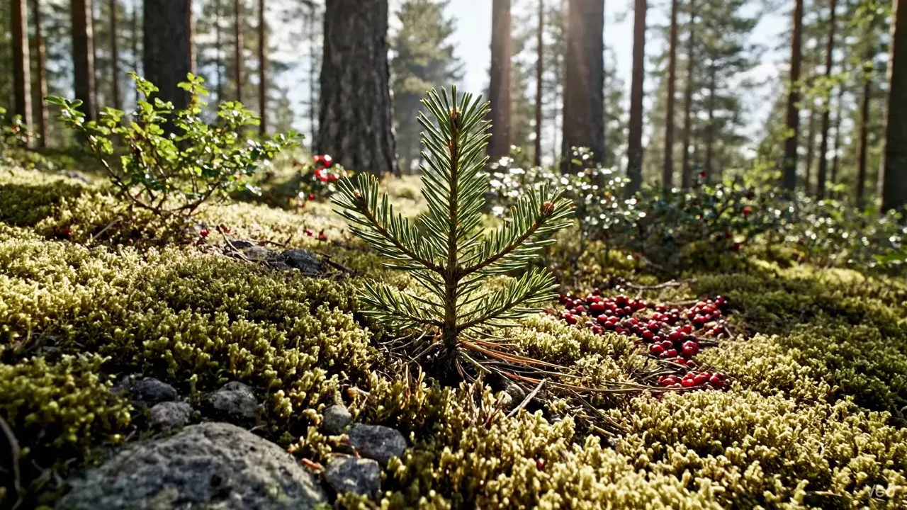 Ung tall i mossa och lingonris i norrländsk tallskog